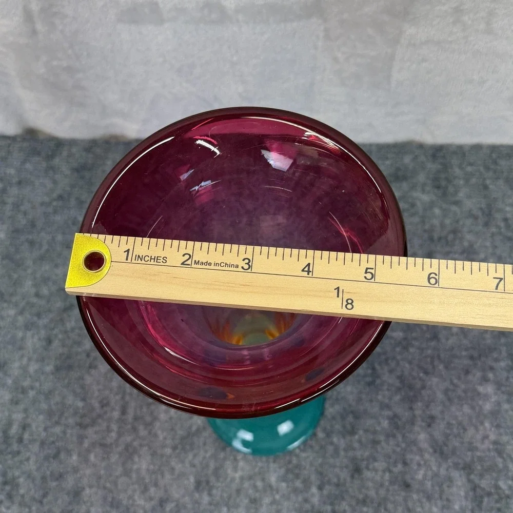 Hand Blown Glass Trumpet Vase Cranberry Teal Base Yellow Knob 12.5